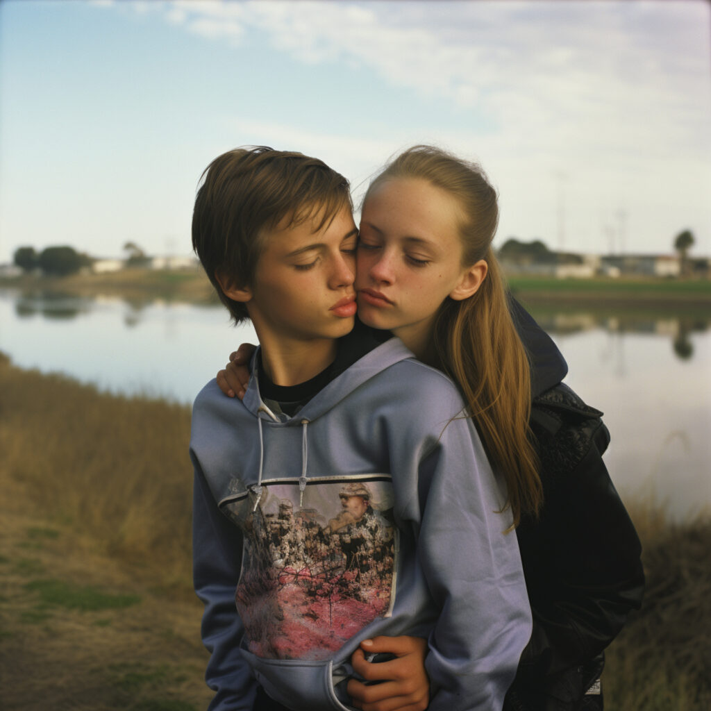 joergalexander_two_teenager_kissing_standing_near_a_water_in_th_bc596e53-0abe-44e5-b540-ed9fbd93a6bc